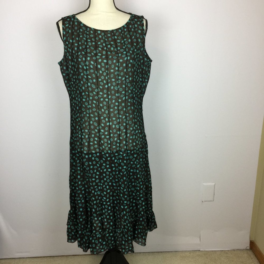 Sandra Darren Sheath Dress Size 10 Womans Brown Teal Sleeveless Sheer Ruffle Hem